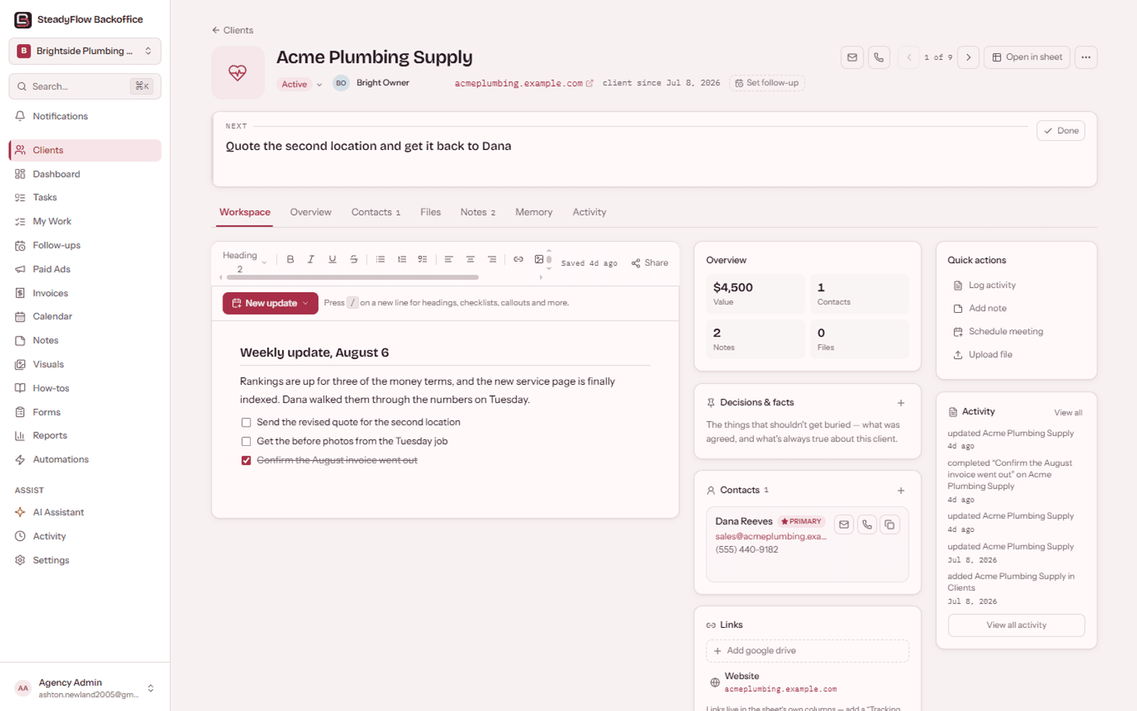 A workspace client page: a live document with dated updates, tasks and decisions, alongside contacts and files