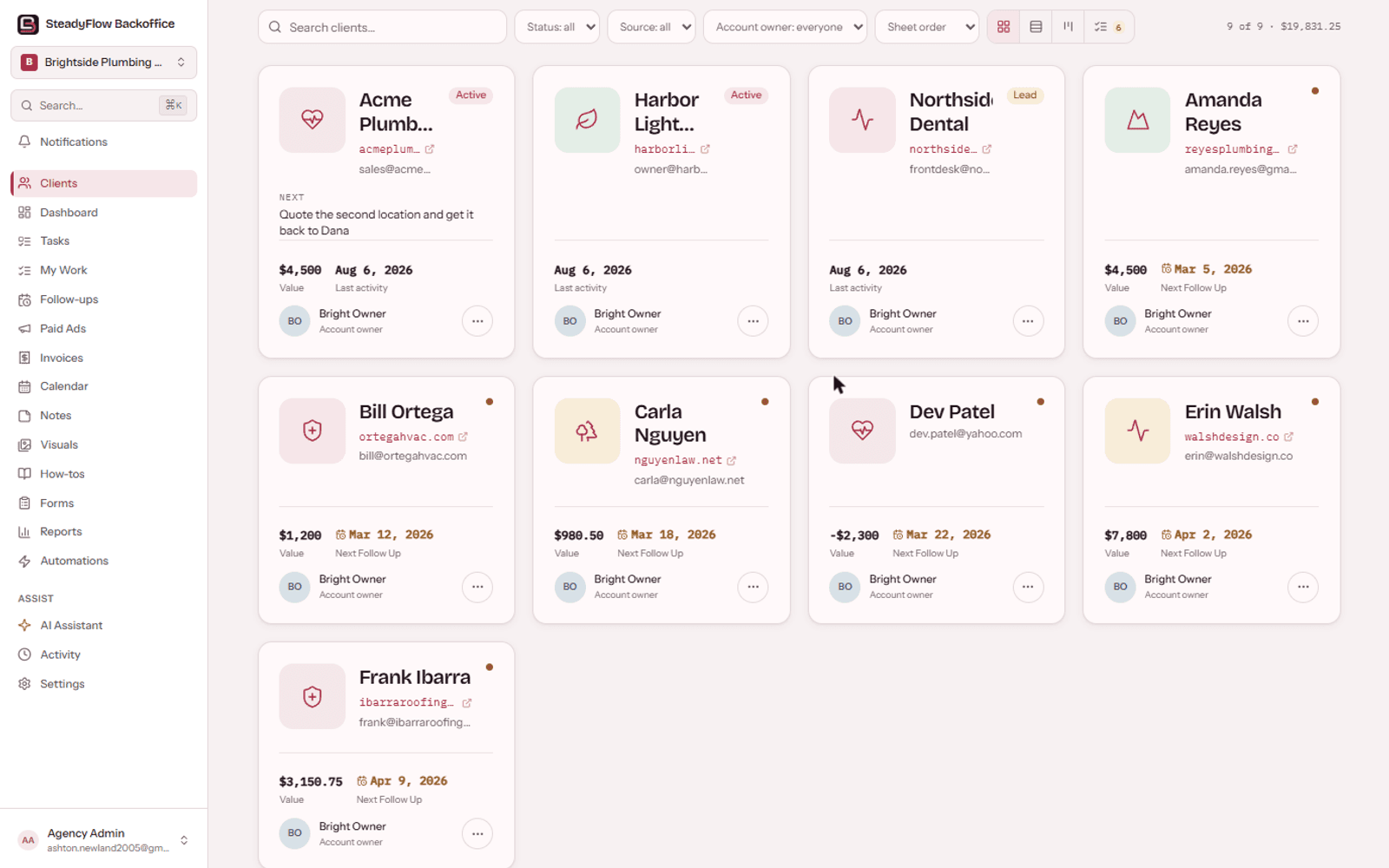 SteadyFlow clients directory: client cards with status, value, account owner and the next action on each one