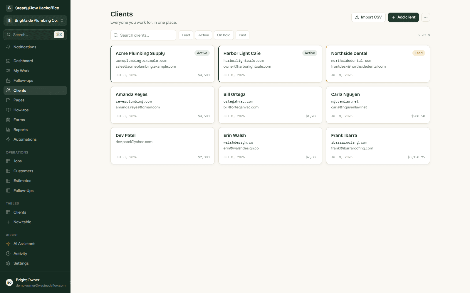 Backoffice clients directory with status-tagged client cards showing contact details and value
