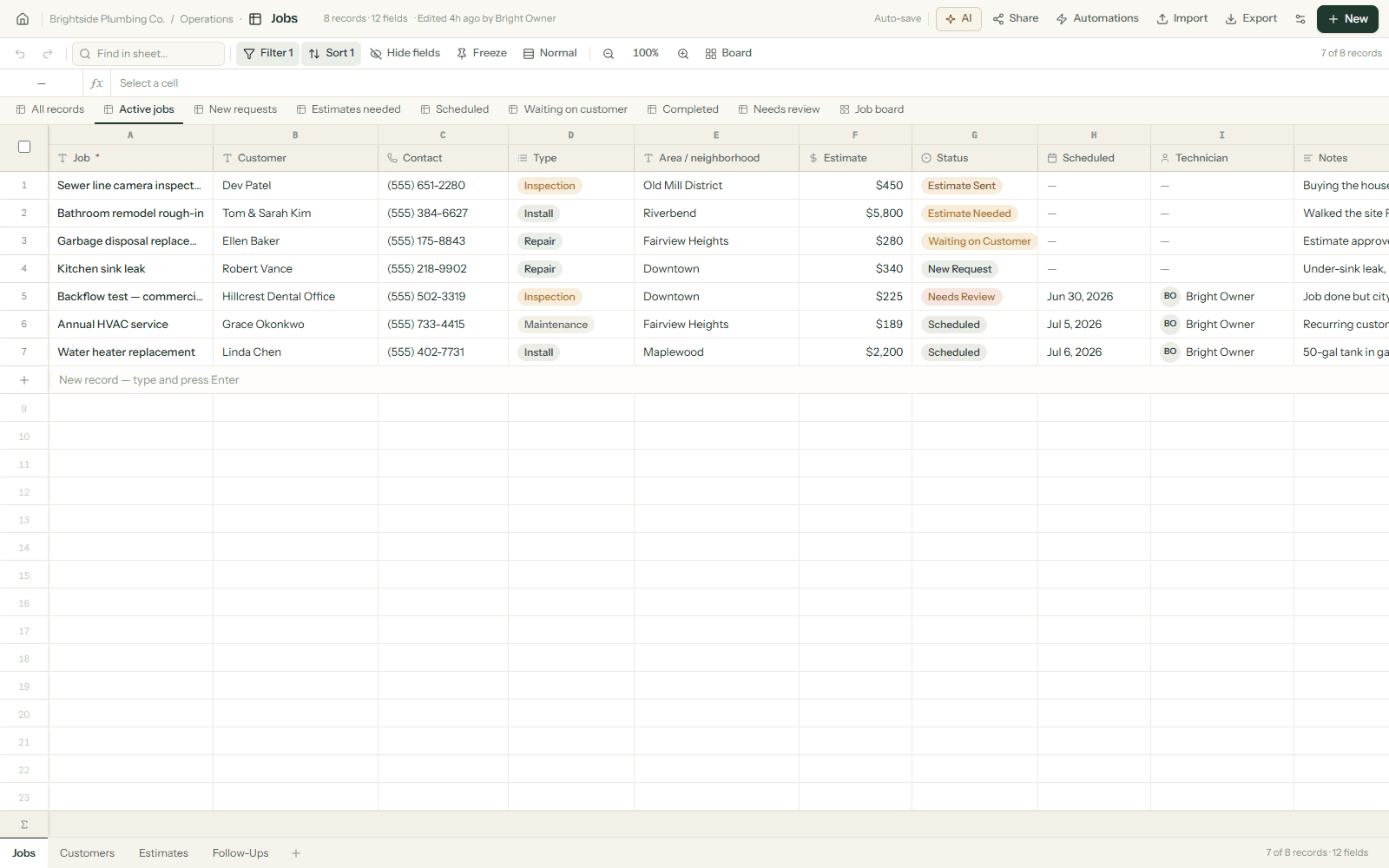 Backoffice spreadsheet workspace showing a plumbing company's jobs with statuses, estimates, and views