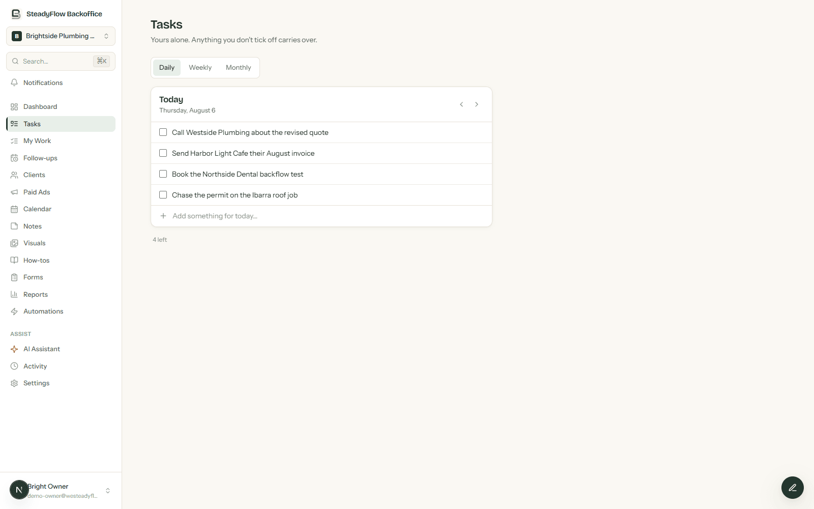 SteadyFlow tasks page with daily, weekly and monthly lists and today's unticked items